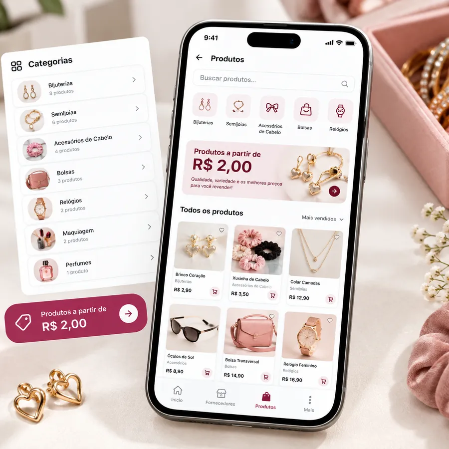 Telas do aplicativo com o catálogo de produtos por categoria